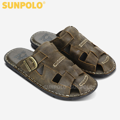 Dép rọ Dép bít mũi nam da bò SUNPOLO ABI019 phiên bản nâu đặc biệt