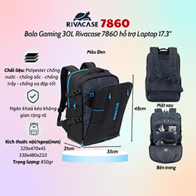 Balo Gaming 30L Rivacase 7860 Hỗ Trợ Laptop 17.3" - Bảo Hành 24 Tháng - Hàng Chính Hãng