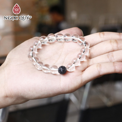 Vòng tay đá thạch anh trắng phối charm hợp kim đen đính đá 8mm mệnh thủy, kim - Ngọc Quý Gemstones
