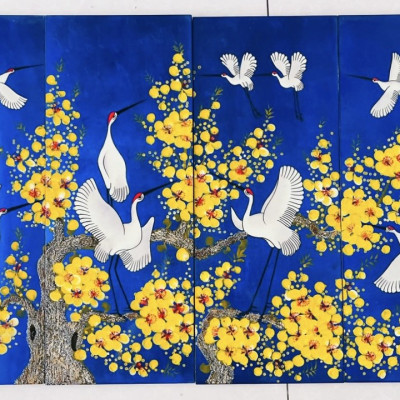 Bộ Tranh sơn mài 4 tấm - HOA ĐÀO & ĐÀN HẠC TIÊN - Size 50x80 cm / 60x120 cm - Ý nghĩa Phong Thủy
