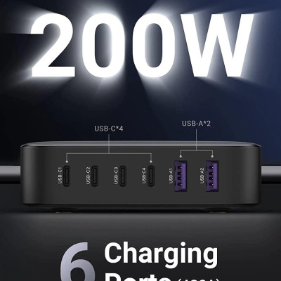 Ugreen UG40913CD271TK 200W Màu Đen Bộ sạc nhanh Nexode USB-C GaN gồm 4 cổng USB C và 2 cổng USB A kèm cáp nguồn dài 2M - HÀNG CHÍNH HÃNG