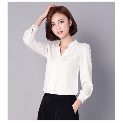Áo kiểu cổ V dài tay màu trắng công sở form rộng đủ size sm55