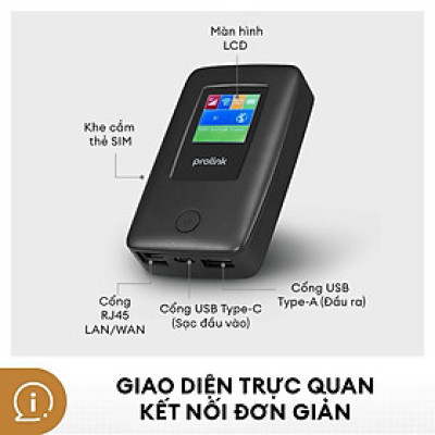 Bộ phát Wifi di động PROLiNK DL7203E, SIM 4G LTE 150Mbps, pin 5200mAH, màn hình 1.44", cổng RJ45, USB 2.0, microSD - Hàng chính hãng