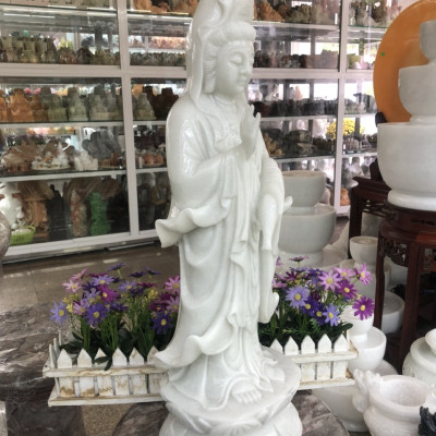 Tượng Phật Bà Quan Thế Âm Bồ Tát đứng đài sen đá cẩm thạch trắng - Cao 60 cm