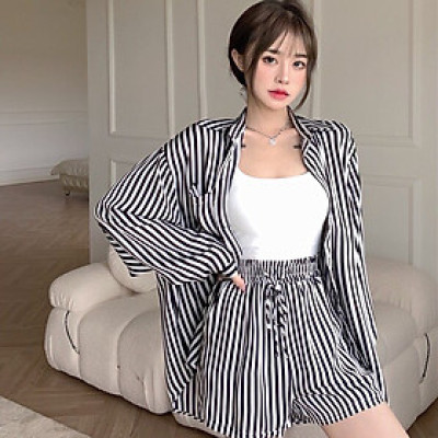 Áo sơ mi kẻ thời trang dáng dài rộng phong cách Hàn Quốc