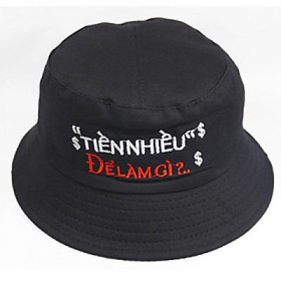 Mũ bucket tai bèo thêu chữ Tiền nhiều để làm gì, vành rộng chống nắng tốt, chất vải kaki 2 lớp bền đẹp