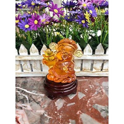 Tượng ông Thần Tài kim tiền cầm thỏi vàng kim nguyên bảo phong thủy mang lại may mắn tài lộc đá lưu ly 