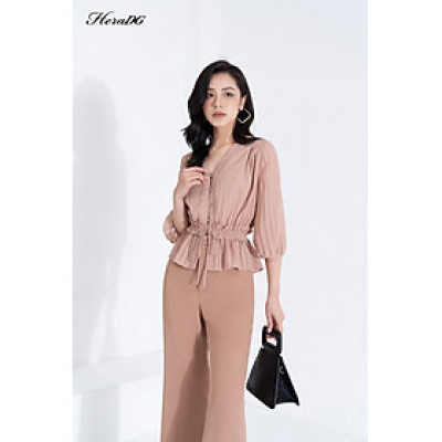 Áo sơ mi nữ thiết kế kiểu bèo eo thắt nơ tay bồng lỡ chất liệu xanh Recycled HeraDG SAKBC3019