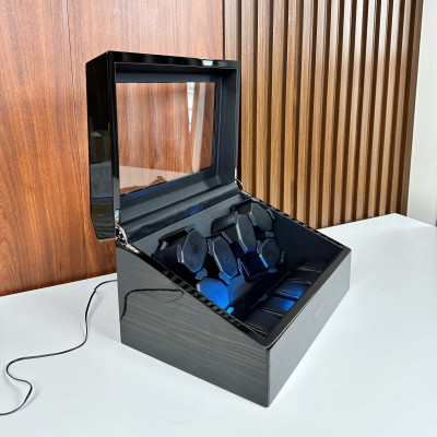 [BH 2 Năm Động Cơ] Hộp Đồng Hồ Cơ 6 Xoay + 6 Tĩnh SAIKE Vỏ Gỗ Sơn Vân Gỗ Mun Có Đèn Led