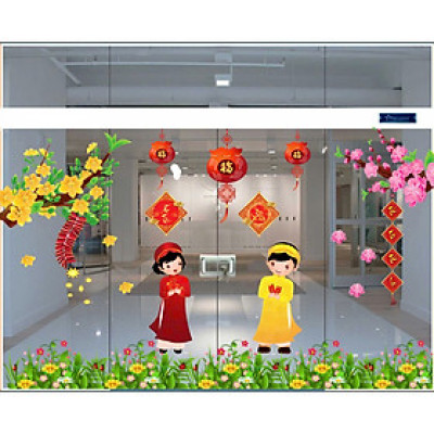 Decal dán kính trang trí tết Mẫu 8, decal trang trí cửa kính văn phòng, nhà hàng tích hợp sẵn keo