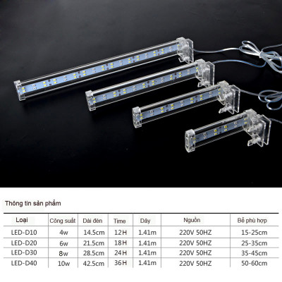 Đèn bể cá cảnh KẸP hồ cá 15cm 25cm 35cm 45cm 60cm BONETAR 10D 20D 30D 40D cao cấp, 2 màu trắng xanh, siêu bền, tiết kiệm điện