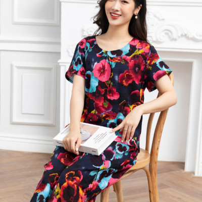 Bộ đồ mặc nhà trung niên Tole (lanh) Vicci BGS.06 thiết kế áo cộc tay, quần lửng ống sớ in họa tiết