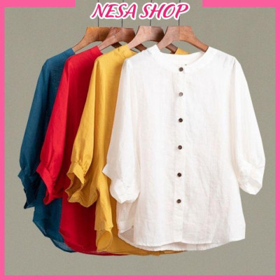 Áo sơ mi nữ form rộng kiểu tay lỡ cổ tròn NeSa Shop, chất liệu Đũi tơ thấm hút mồ hôi, áo sơ mi nữ nhiều màu, SMH.34