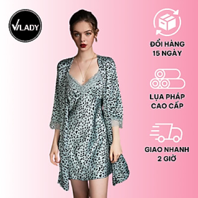 Set áo choàng kèm váy ngủ 2 dây gợi cảm VILADY - S109 kiểu tay dài phối ren bo gấu xinh Sexy chất liệu lụa Pháp (lụa latin) cao cấp 