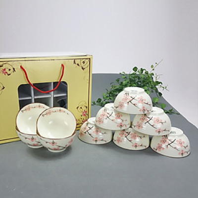 Bộ bát ăn cơm men kem hoa Đào cao cấp chính hãng Bát Tràng