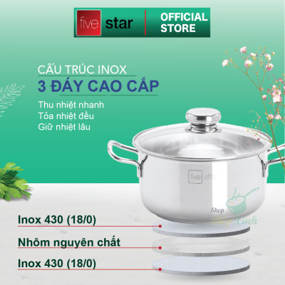 Bộ nồi chảo 3 đáy inox 430 cao cấp FiveStar Standard 2 món nắp kính tặng 1 vá canh ( 16cm /20cm /24cm )