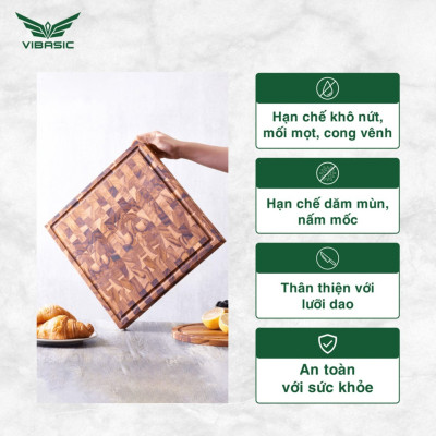Thớt Chặt Gỗ Teak Vibasic ghép dựng block, kích thước thước 350x350x38mm - Hàng chính hãng Bộ Quốc Phòng