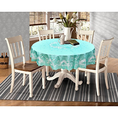 [Tặng 1 lót phần ăn] Khăn trải bàn tròn - đường kính 178cm PAULEE FY116 , hoa văn, màu xanh ngọc, nhựa PVC dẻo, không thấm nước