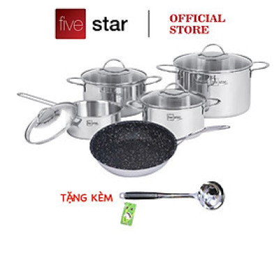 Bộ nồi và chảo chống dính vân đá inox 304 cao cấp FiveStar Plus 5 chiếc 3 lớp đáy liền nắp kính, bảo hành 25 năm , tặng 1 vá canh