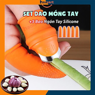 SET Dao Móng Tay Hái Rau Bóc Tỏi Bào Vỏ Củ Quả Kèm 5 Bao Silicon Bảo Vệ Ngón Tay Hamart