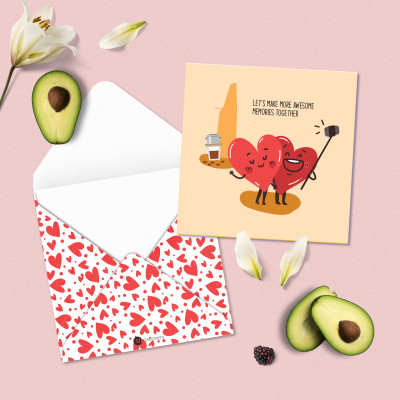 Set 5 thiệp tình yêu Valentine SDstationery Love Hearts, minh họa cặp đôi trái tim dễ thương vui nhộn, khổ vuông 12x12cm