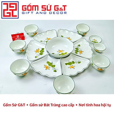 Bộ đồ ăn mặt trời men kem vẽ sen vàng Gốm Sứ G&T