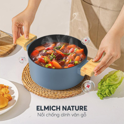 Bộ nồi chống dính vân gỗ Elmich Nature EL-5206MG04 size 18, 20, 24 chảo 26cm