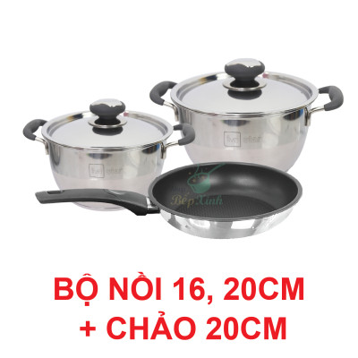 Bộ nồi inox và  chảo chống dính Fivestar Standard chống nóng nắp inox 3 đáy từ tặng 2 vá canh (1 nồi 16cmx 1 nồi 20cm và 1 chảo 22cm )