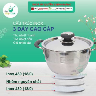 Nồi inox Fivestar Standard 3 đáy Thân Cool  quai silicon chống nóng nắp inox (16cm / 20cm / 24cm / 26cm )