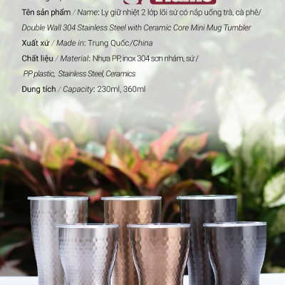 Ly giữ nhiệt inox hoa văn tổ ong 2 lớp phủ sứ Tiamo 360ml