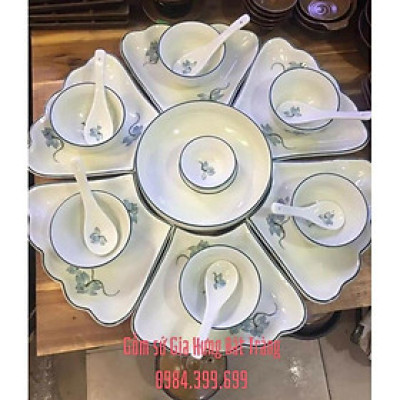 Bộ đồ ăn hoa mặt trời men kem vẽ sen gốm sứ Bát Tràng