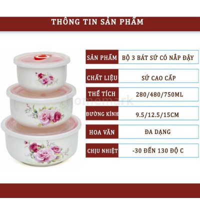 Bộ 3 Bát Sứ Nắp Hút Chân Không, Bộ 3 Bát Đựng Thức Ăn Có Nắp Đậy Dùng Được Trong Lò Vi Sóng - HÀNG CHÍNH HÃNG MINIIN