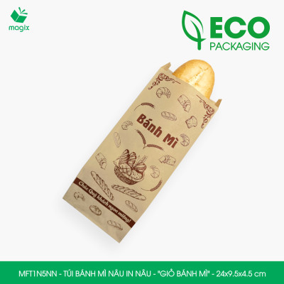 MFT1N5NN - 24x9.5x4.5 cm - 200 Túi bánh mì Nâu, in sẵn họa tiết GIỎ BÁNH MÌ - Bao bánh mì Túi giấy thực phẩm an toàn