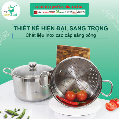 Bộ nồi xửng hấp inox 430 bếp từ 3 đáy Fivestar 30cm  nắp kính - tặng 1 muỗng canh