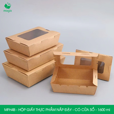 MFH4B - 1600ml - 25 hộp giấy kraft đựng thực phẩm, hộp giấy đựng thức ăn có cửa sổ, hộp đựng cơm