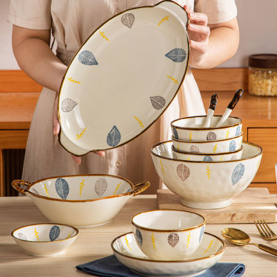 Bộ Bát Hoạ Tiêt Lá Viền Nâu Thương Hiệu Gosu Tráng Men Cao Cấp, Hoạ Tiết Vẽ Tay Đẹp