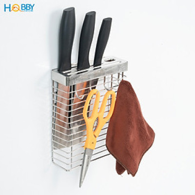 Kệ để dao kéo có móc treo khăn inox 304 dán tường Hobby home decor TD1