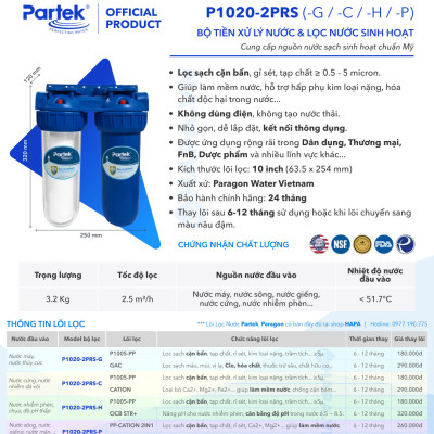 Bộ Lọc Thô PARTEK P1020-2PRS 2 Cốc Cao Cấp - Bộ Lọc Đôi 10 inch, Công Nghệ Mỹ Chuẩn NSF - Hàng Chính Hãng - Pre-treatment Không Dùng Điện, Bộ Đôi Lọc Nước Sinh Hoạt Sediment Filter 5 Micron