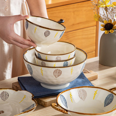 Bộ Bát Hoạ Tiêt Lá Viền Nâu Thương Hiệu Gosu Tráng Men Cao Cấp, Hoạ Tiết Vẽ Tay Đẹp