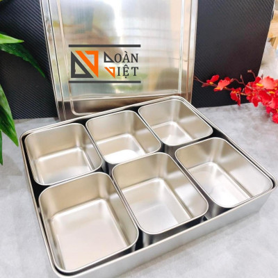 KHAY INOX ĐỰNG TOPPING, THẠCH, TRÁI CÂY, RAU DƯA CHẢ, 6 ngăn có nắp tiện dụng. Inox dày C.Lượng không gỉ. Dụng cụ pha ch