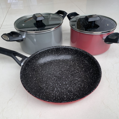 Tặng cặp nhấc nồi silicon cao cấp- Bộ nồi chảo đáy từ 3 món gồm 2 nồi 18-20cm, 1 chảo 24cm Easy Kimscook chống dính vân đá Hàn Quốc