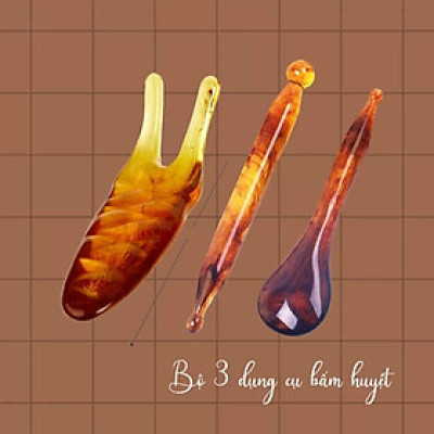 Bộ dụng cụ 3 món cạo gió, ấn huyệt ,massage, thông kinh lạc bằng nhựa resin, màu nâu hổ phách