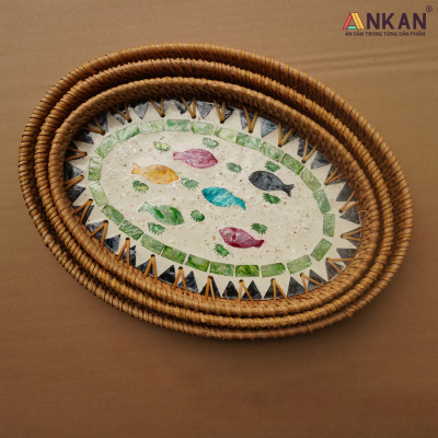 Khay Mây Khảm Trai Hình Bầu Dục Đựng Bánh Kẹo, Trái Cây, Khay Trang Trí Decor Nhà Cửa, Sản Phẩm Thủ Công Từ Mây Tự Nhiên