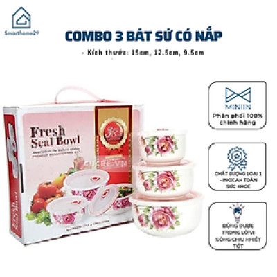Bộ 3 Bát Sứ Nắp Hút Chân Không, Bộ 3 Bát Đựng Thức Ăn Có Nắp Đậy Dùng Được Trong Lò Vi Sóng - HÀNG CHÍNH HÃNG MINIIN