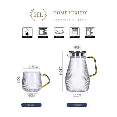 BỘ BÌNH CỐC BOROSILICATE SIÊU NHẸ - CHỊU NHIỆT - CƯỜNG LỰC | Bình cốc thuỷ tinh phong cách NORDIC vân kim cương (Mix Lẻ)