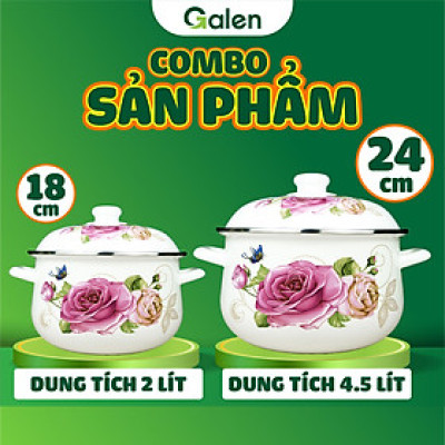 GALEN - COMBO 2 Nồi Men Cao Cấp Size 18cm & 24cm Dung Tích 2L & 4.5L Nấu Được Trên Mọi Loại Bếp, Dày, Không Tróc Men