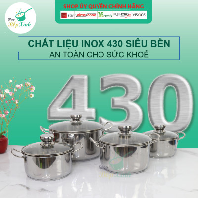 Bộ nồi chảo , bộ nồi inox Fivestar 5 chiếc nắp kính 3 đáy, dày 0.8mm ,dùng được bếp từ, hồng ngoại , gas