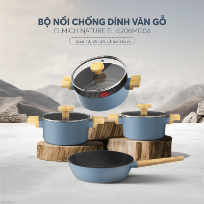 Bộ nồi chống dính vân gỗ Elmich Nature EL-5206MG04 size 18, 20, 24 chảo 26cm
