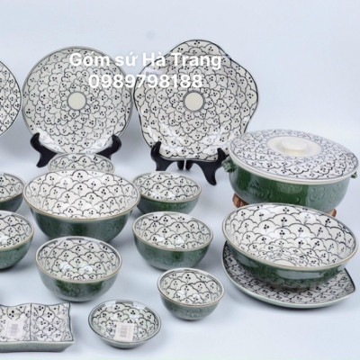 Bộ bát đĩa gốm sứ Bát Tràng cao cấp men lục bảo vẽ bèo dâu BDXĐNV02