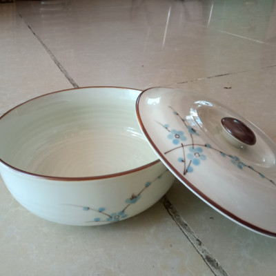 Âu đựng cơm canh vẽ hoa đào xanh số to gốm sứ Bát Tràng